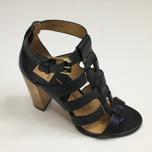 DOLCE VITA Black Leather Beige Block Heel Strappy Heels Shoes - Picture 1 of 12